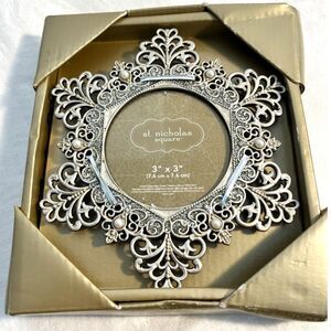 Silver Toned Lacy Metal Picture Frame 6x5.5" With Sparkle and Pearls